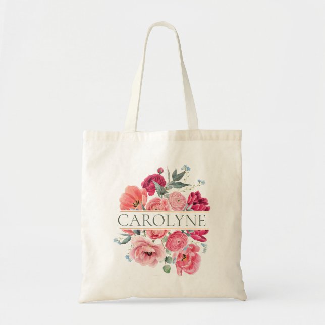 Rosa franska peonblommor Blommig brudtärna Monogra Tygkasse (Framsidan)