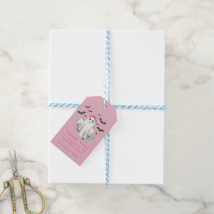 Rosa Friendly Girl Ghost med Fladdermus Flygande Presentetikett