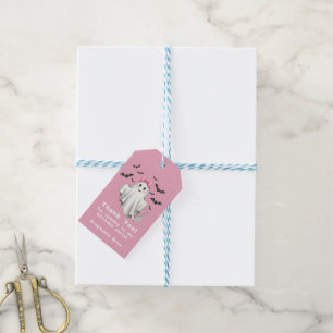 Rosa Friendly Girl Ghost med Fladdermus Flygande Presentetikett