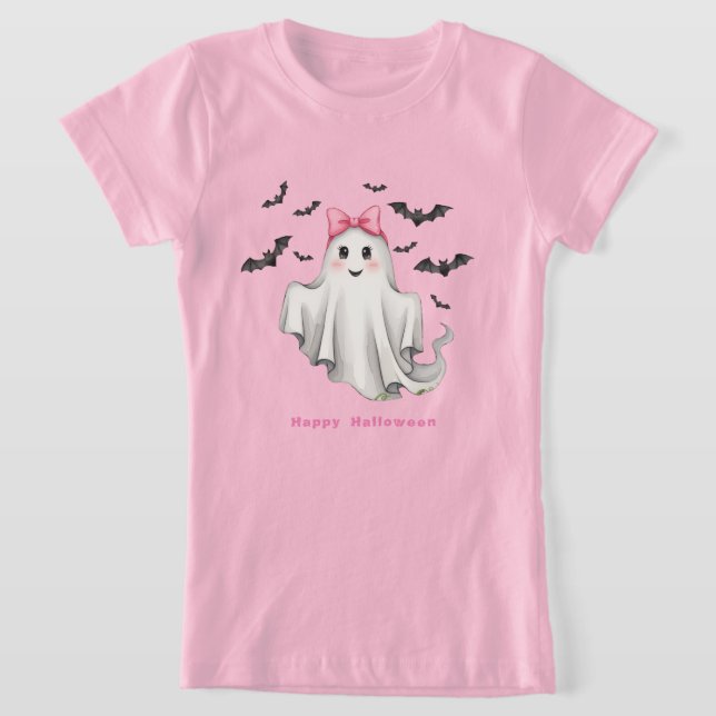 Rosa Friendly Girl Ghost med Fladdermus Flygande T Shirt (Laydown)