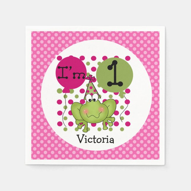 Rosa Frog 1:a födelsedag Pappra blöjor Pappersservett (Framsidan)