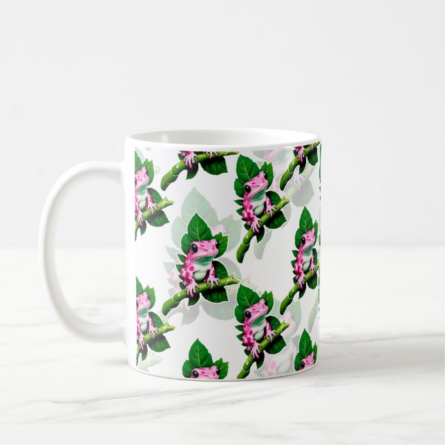 Rosa Frog på Grönt Löv Mönster design Kaffemugg (Vänster)