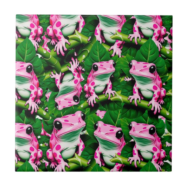 Rosa Frog på Grönt Löv Mönster design Kakelplatta (Framsidan)