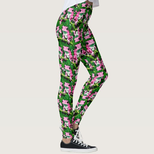 Rosa Frog på Grönt Löv Mönster design Leggings (Skapare uppladdad)