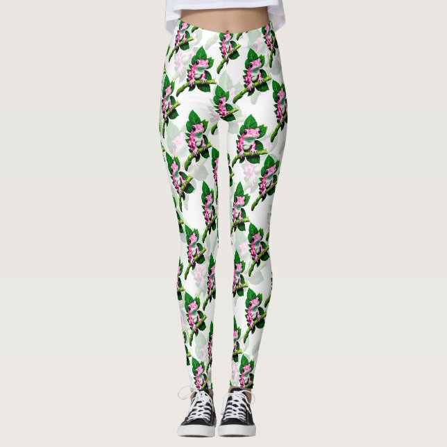 Rosa Frog på Grönt Löv Mönster design Leggings (Framsida)