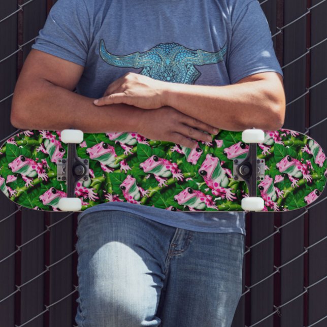 Rosa Frog på Grönt Löv Mönster design Mini Skateboard Bräda 18,5 Cm (Skapare uppladdad)