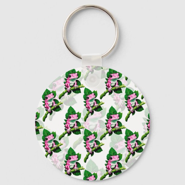 Rosa Frog på Grönt Löv Mönster design Nyckelring (Framsida)
