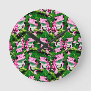 Rosa Frog på Grönt Löv Mönster design Rund Klocka