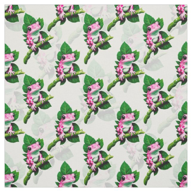 Rosa Frog på Grönt Löv Mönster design Tyg (Provkarta)