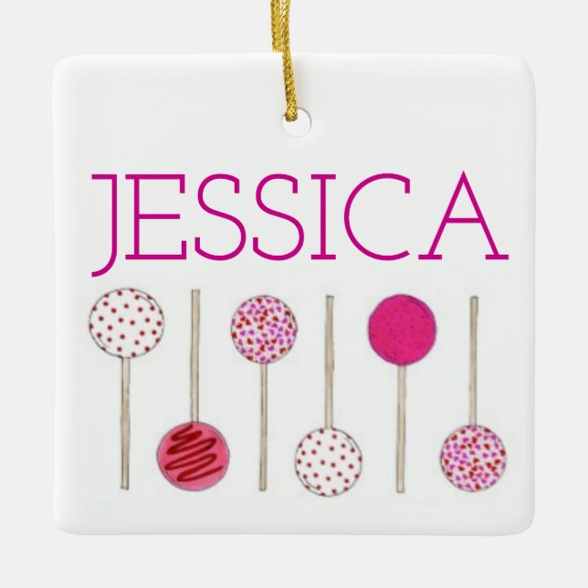 Rosa Frosted Cake Pops Baker Foodie Julgransprydnad Keramik (Framsida)