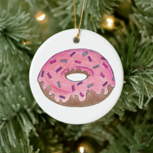 Rosa Frosted Donut Doughnut Sprinkles Junk Food Julgransprydnad Keramik