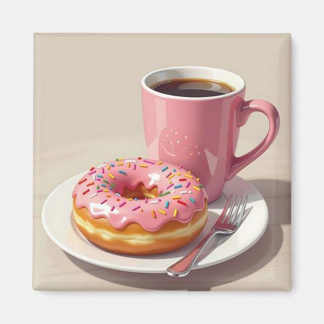 Rosa Frosted Donut och Coffee Magnet (Framsidan)
