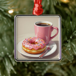 Rosa Frosted Donut och kaffejul Julgransprydnad Metall