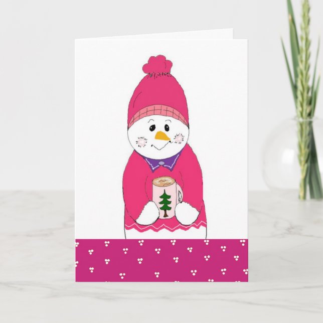 Rosa frostig snöman med varm choklad helgkort (Framsida)