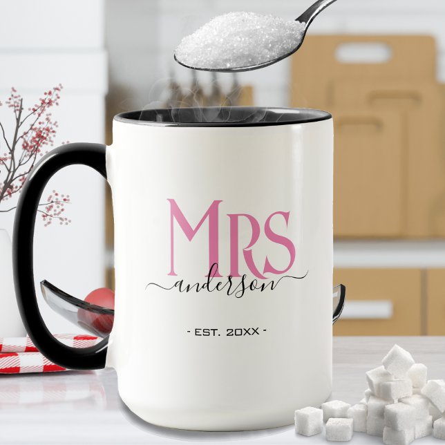 Rosa fru brud fru fru bröllopsjubileum mugg (pink Mrs. accent coffee mug for a wife / bride)