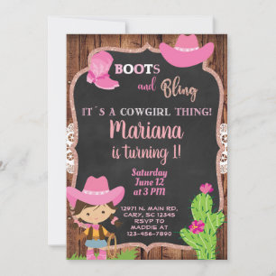 Rosa fru cowgirl födelsedag. inbjudningar