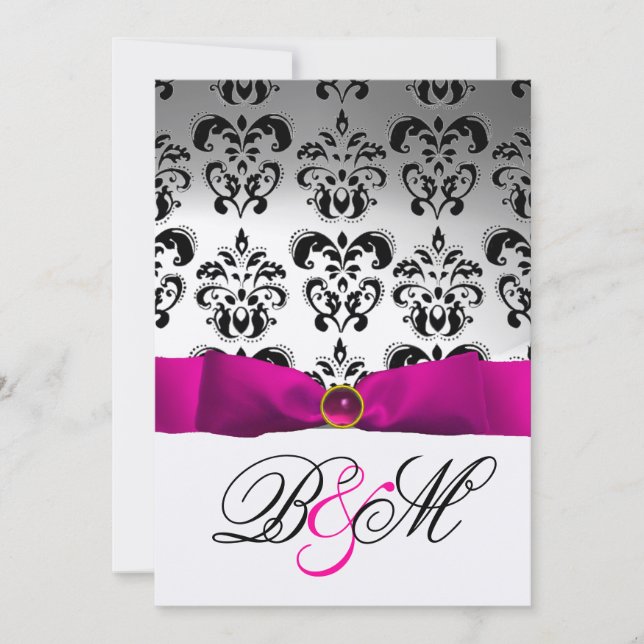 ROSA FUCHSIA BAND GULD SVART DAMASK MONOGRAM INBJUDNINGAR (Framsida)