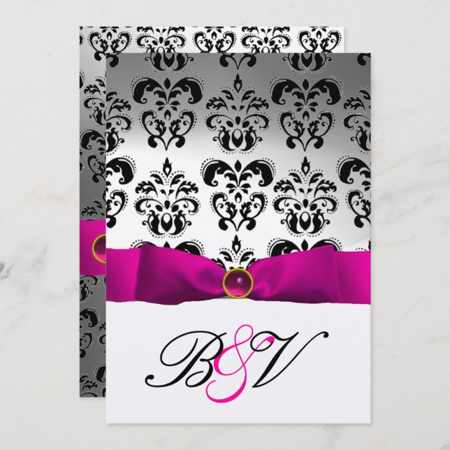 ROSA FUCHSIA BAND SILVER SVART DAMASK MONOGRAM INBJUDNINGAR (Fram/baksida)