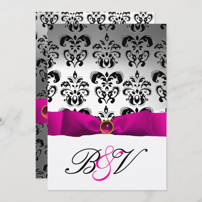 ROSA FUCHSIA BAND SILVER SVART DAMASK MONOGRAM INBJUDNINGAR (Fram/baksida)