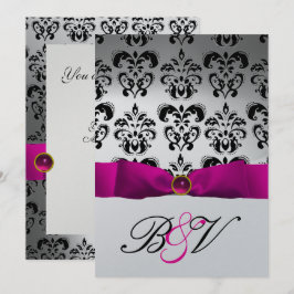 Rosa fuchsia band silver svart damask monogram inbjudningar