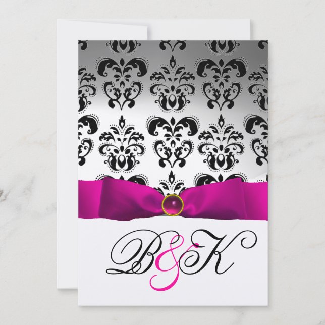 Rosa fuchsia band vit svart damask monogram inbjudningar (Framsida)
