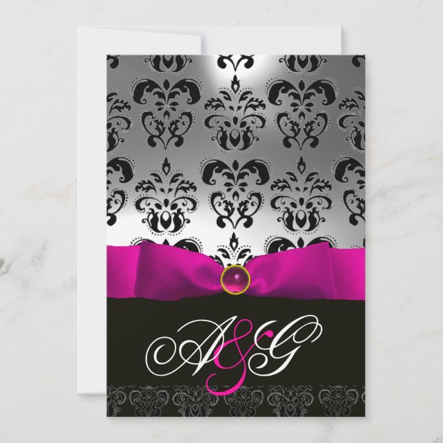 ROSA FUCHSIA BAND VIT SVART DAMASK MONOGRAM INBJUDNINGAR (Framsida)