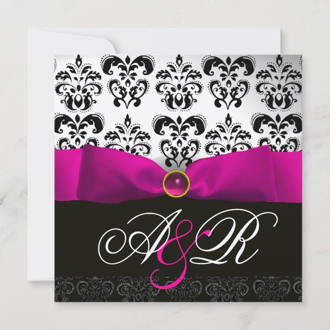 ROSA FUCHSIA BAND VIT SVART  DAMASK MONOGRAM INBJUDNINGAR (Framsida)