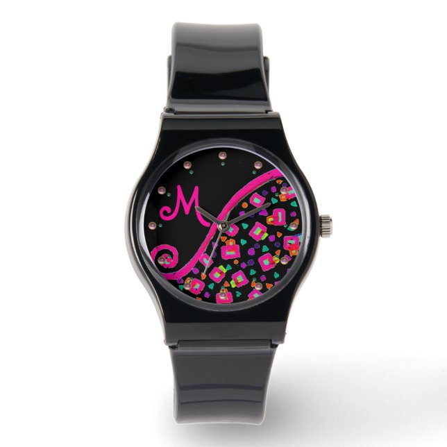 ROSA FUCHSIA BLACK ABSTRAKT DECO MONOGRAM ARMBANDSUR (Framsida)