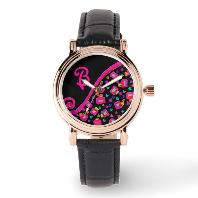ROSA FUCHSIA BLACK ABSTRAKT DECO MONOGRAM ARMBANDSUR (Framsida)