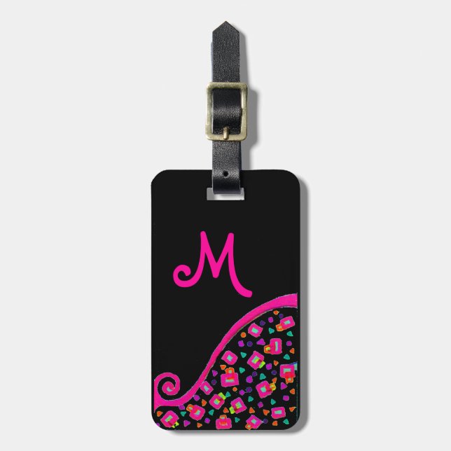 ROSA FUCHSIA BLACK ABSTRAKT DECO MONOGRAM BAGAGEBRICKA (Vertikal Framsida)