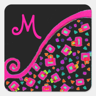 ROSA FUCHSIA BLACK ABSTRAKT DECO MONOGRAM FYRKANTIGT KLISTERMÄRKE