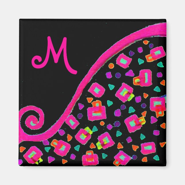 ROSA FUCHSIA BLACK ABSTRAKT DECO MONOGRAM MAGNET (Framsidan)