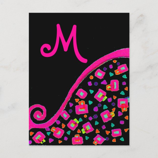 ROSA FUCHSIA BLACK ABSTRAKT DECO MONOGRAM VYKORT (Framsida)