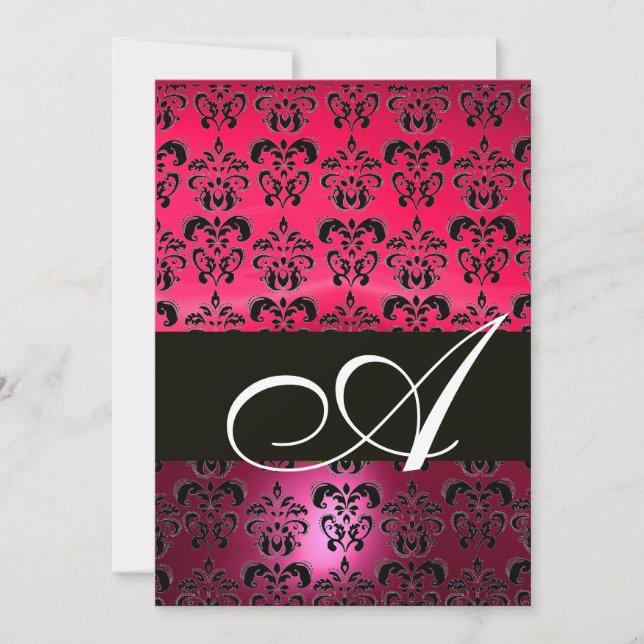 ROSA FUCHSIA BLACK DAMASK MONOGRAM, ljusvit Inbjudningar (Framsida)