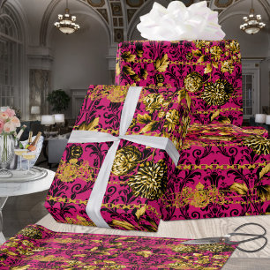 Rosa Fuchsia Black Guld Blommigt Acanthus Guld cha Presentpapper