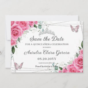 Rosa Fuchsia Blommig Silver Quinceanera XV Söt 16 Spara Datumet