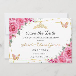 Rosa Fuchsia Blommigt Guld Quinceanera Sweet sixte Spara Datumet