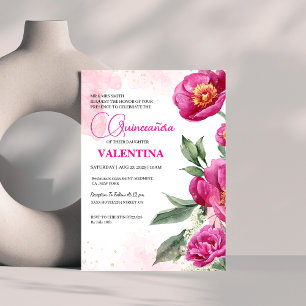 Rosa Fuchsia Blommigt Guld Watercolor Quinceañera Inbjudningar