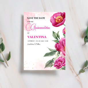 Rosa Fuchsia Blommigt Guld Watercolor Quinceañera Spara Datumet