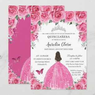 Rosa Fuchsia Blommigt Silver Quinceañera Princess Inbjudningar