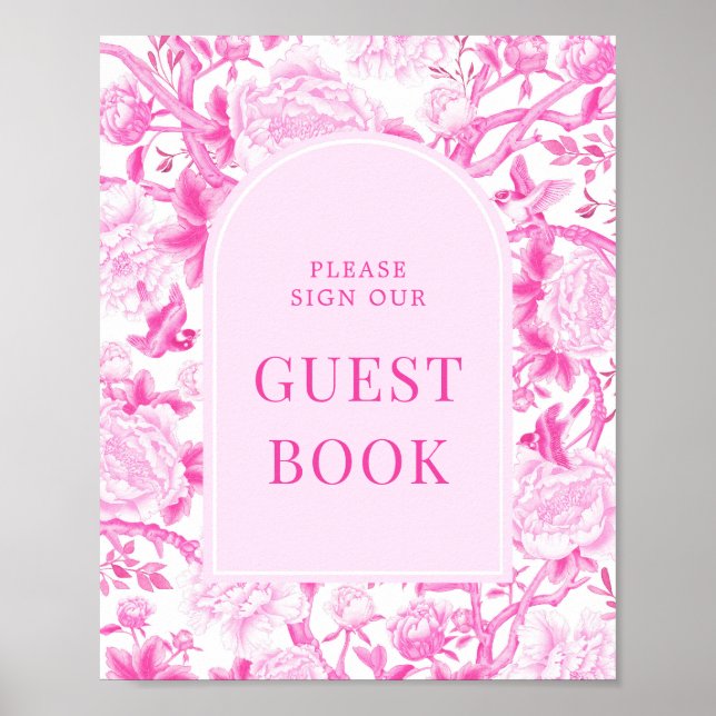 Rosa Fuchsia Chinoiserie Porcelain Guestbook-tecke Poster (Framsidan)