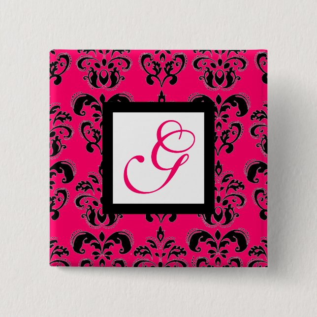 ROSA FUCHSIA DAMASK WHITE SQUARE MONOGRAM KNAPP (Framsida)