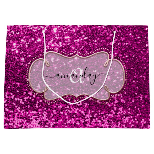 Rosa Fuchsia Framed Royal Monogram Namn Glitter (Framsidan)