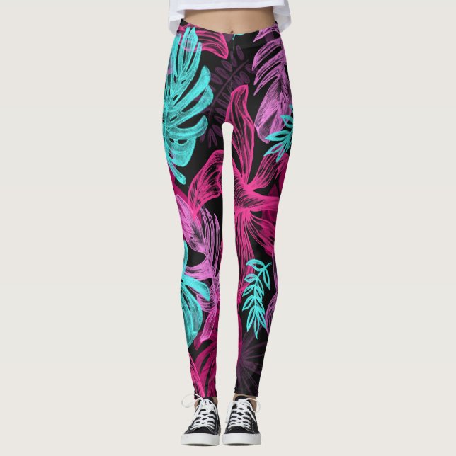 Rosa Fuchsia Grönt Löv Mönster Leggings (Framsida)