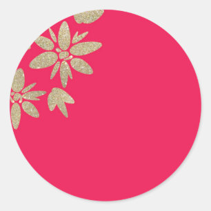 Rosa Fuchsia-inbjudan med blommor från guld gnistr Runt Klistermärke