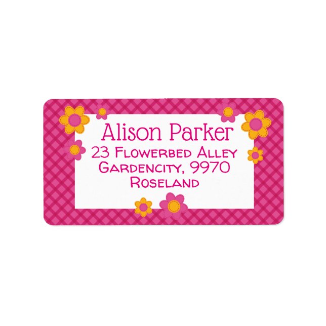 Rosa fuchsia plaid mönster stilade blommor vår adressetikett (Framsidan)