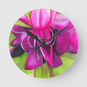 Rosa Fuchsia popart vattenfärgsblomma Rund Klocka