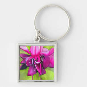 Rosa fuchsia popkonst vattenfärg blomma fyrkantig silverfärgad nyckelring