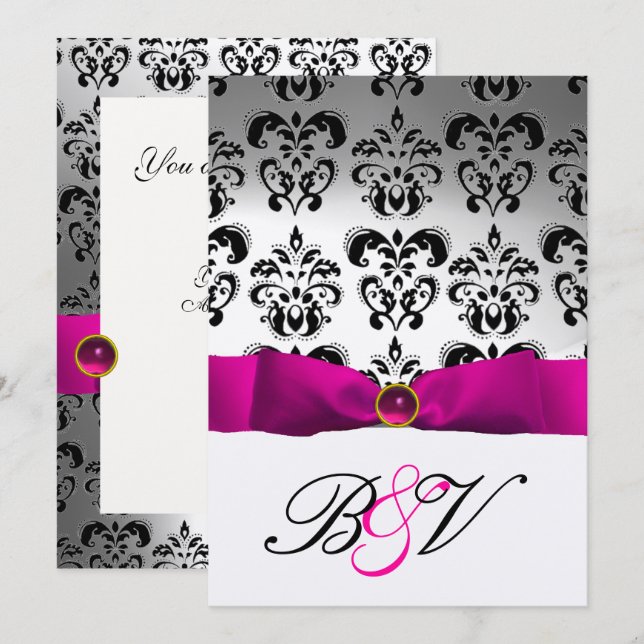 ROSA FUCHSIA RIBBON SILVER BLACK DAMASK MONOGRAM INBJUDNINGAR (Fram/baksida)