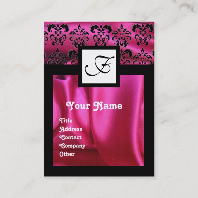 ROSA FUCHSIA SILKE DAMASK TRASA, SQUARE MONOGRAM VISITKORT (Framsida)